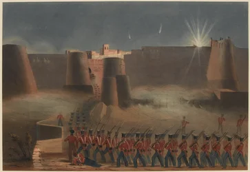 "Stormingen av Ghuznee. Stormpelaren som går in i fästningen, 23 juli 1839 (lito i färg)