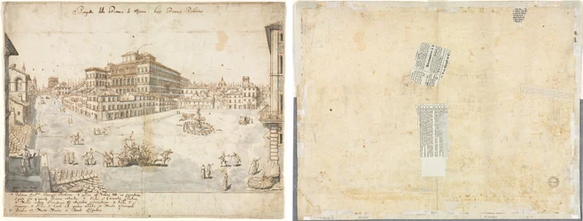 Arton utsikter över Rom: Piazza Barberini (recto); Spårning av en fontän från Recto och skisser av två ansikten (verso)