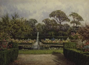 Lily Pond Garden med en cirkulär damm och en kerubfontän (akvarell och gouache)