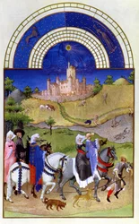 Faksimil av augusti: falkjakt, ur Très Riches Heures du Duc de Berry