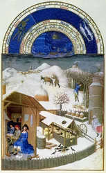 Faksimil av februari: gårdsscen med bönder, kopierad från ”Très Riches Heures du Duc de Berry” (för originalet se 8434)