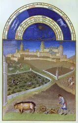 Faksimil av mars: Bönder i arbete på ett feodalt gods, från "Tres Riches Heures du Duc de Berry" (för originalet se 8435).