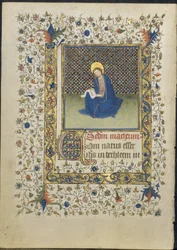 Blad från en timbok: St. Matteus, ca. 1415-20.