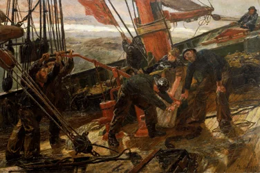 Scen på däck på en skonare i storm, ett havsdrama, alla sjömän och kaptenens fru är samlade för att aktivera pumpen och dra i seglen och repen