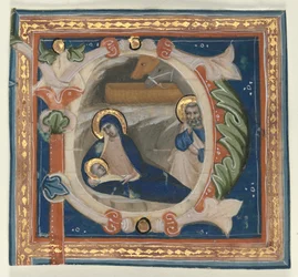 Historierad initial P Utskuren från en Gradual: The Nativity, ca. 1350-1375.
