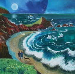 Walkers at Hartland Bay, 2019 (akryl på papper)
