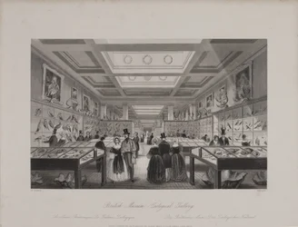 Vy över Zoological Gallery, British Museum som visar besökare som tittar på utställningar, ca 1850 (gravyr)