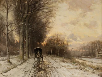 En hästdragen kärra på en snöig stig (olja på pannå)
