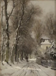En snötäckt stig på vintern (olja på pannå)