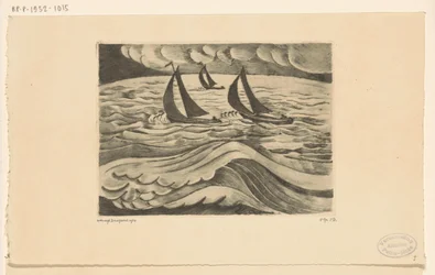Tre segelfartyg i en storm på havet La Tempete (originaltitel)