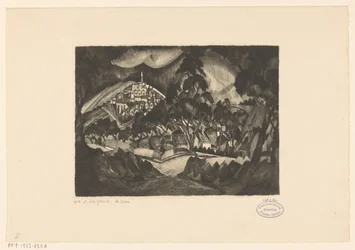 Kuperat landskap med träd och byggnader Le Soir (originaltitel på objekt)
