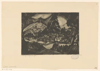 Kuperat landskap med träd och byggnader Le Soir (originaltitel på objekt)
