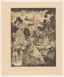 Kuperat landskap med jägare Paysage romantic (originaltitel)