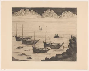 Fyra förtöjda fartyg på en bretonsk strand; Efter stormen (originaltitel)