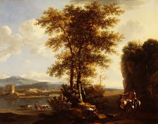 Ett italienskt skogigt flodlandskap med resenärer på en stig, en herde med boskap och en stad på andra sidan.