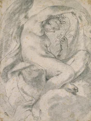 En nymf (flora) bland moln (svart krita med stubbe på benvitt papper)