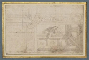 Ignudo, efter ett fresktak i Sala di Ulisse, Palazzo Poggi, Bologna