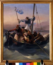 Greker på ett fartyg. Allegori över Grekland på väg mot självständighet efter det osmanska herraväldet och det grekiska frihetskriget (1821-1830), eller den grekiska revolutionen. 1848, Verona
