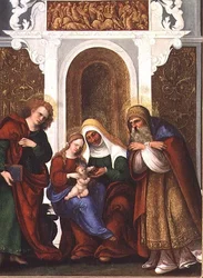 Madonna och barn med SS. Anne, Johannes evangelisten och Zacharias eller Madonna och St Anne of the Cherries (panel)
