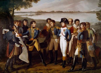 Napoleon I beordrade att lägga en bro över Donau vid Ebersdorf den 19 maj 1809. General Henri Gatien Bertrand (1773-1844) presenterar planerna för bron att passera genom ön Lobau "" Detalj. Målning av Ludovico Venuti (aktiv mellan 1799-1810)