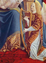 Madonna och barn med änglamusikanter, detalj av änglamusikanten som spelar harpa, ca 1490-1500 (tempera på panel)