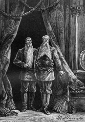 Teckning av Leon Benett, från Jules Vernes bok "The 500 million of the Begum" - utgåva Hetzel/Extraordinary Voyages 1879. Arminius och Sigimer, två imponerande skäggiga personer.