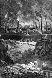 Teckning av Leon Benett, från Jules Vernes bok "The 500 million of the Begum" - edition Hetzel/Extraordinary Voyages 1879. Utsikt över "Stålstaden", en gigantisk uppsättning fabriker (masugnar - stålgjuterier)
