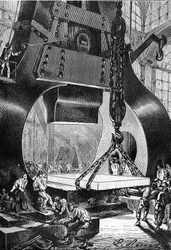 teckning av Leon Benett, efter Jules Vernes bok "The 500 million of the Begum" - edition Hetzel/Extraordinary Voyages 1879. hammartrumma (trumslagare) i arbete i ett stålgjuteri.
