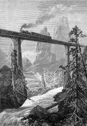 teckning av Leon Benett, från Jules Vernes bok "Begums 500 miljoner" - edition Hetzel/Extraordinary Voyages 1879. Ångtåg passerar över en djärv bro, i ett bergslandskap med fors.