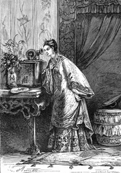 Teckning av Leon Benett, efter Jules Vernes bok "En kines vedermödor i Kina" - Hetzel edition/Extraordinary Voyages 1879. En ung kinesisk flicka lyssnar på ett inspelat meddelande på en fonograf.