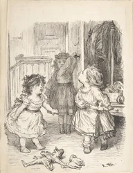Tre små flickor i ett rum som argumenterar och spottar, 1835-1903.