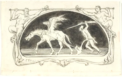 Vinjett av en utsliten Pegasus framför en plog driven av en man i hög hatt, beväpnad med en stor penna