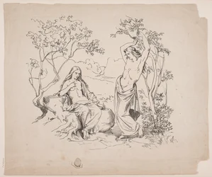 En sittande kvinnlig och en stående manlig figur