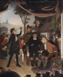 Ludvig Holberg deltar i en repetition av hans pjäs Erasmus Montanus, akt IV, scen 2