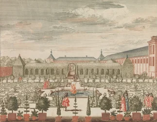 Drottningens trädgård med det gröna skåpet och orangeriet, sedd bakifrån, i: To..., n.d..