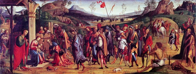 Adoration of Magi av Lorenzo Costa (1460-1535), olja på duk, 75x181 cm