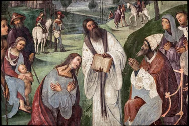 Life of St. Cecile: Urban I inbjuder Valerianus att konvertera, detalj (fresk