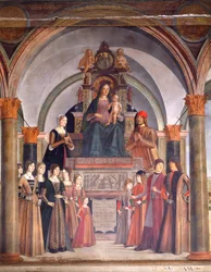 Madonna och barn med änglar, av Lorenzo Costa (ca 1537-1583), Bentivoglio kapell i kyrkan San Giacomo Maggiore, Bologna, Italien