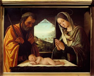 Nativit trämålning av Lorenzo Costa (1460-1535) 1490 Dim. 0,65x0,85 m Lyon, Musee des Beaux Arts