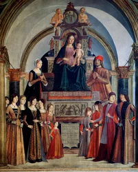 Jungfrun från Bentivoglio Jungfrun har barnet omgivet av medlemmar av familjen Bentivoglio. Målning av Lorenzo Costa (1460-1535) 1488 Bologna, San Giacomo Maggiore-kyrkan