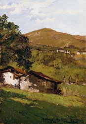 Bondgårdar bland grönskan (Biellas föralper), av Lorenzo Delleani (1840-1908), olja på panel, 44,9x30,7 cm