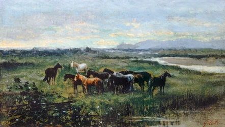 Vilda hästar, ca 1870, av Lorenzo Gelati (1824-1893), olja på duk överförd på panel, 21x37 cm