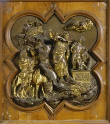 Isaks offer. Originalpanel från Paradisporten (baptisteriets östra port), efter restaurering. Förgylld brons, 1425-52. Museo del Bargello, Florens.