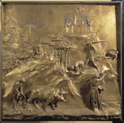 Kains och Abels liv: offret, mordet på Abel och Gud som förvisar Kain. Originalpanel från Paradisets port