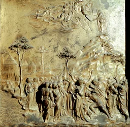Moses tar emot lagens tabeller Originalpanel av Paradisets port (Östra porten till Baptisteren), efter restaurering. Guldbrons av Lorenzo Ghiberti (1378-1455)