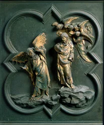 North Gate (kallad Gate of the Cross, i norr), yttre detalj: "" Kristi frestelse"" Bronsskulptur gjord av Lorenzo Ghiberti (1378-1455)