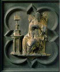 Norra porten (kallad korsporten, mot norr), exteriördetalj: Saint Augustine. Bronsskulptur gjord av Lorenzo Ghiberti (1378-1455)