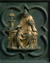 Norra porten (kallad Korsets port, mot norr), exteriördetalj: Saint Gregoire den store. Bronsskulptur gjord av Lorenzo Ghiberti (1378-1455)
