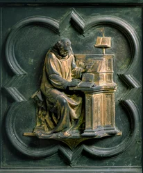 North Gate (kallad Gate of the Cross, mot norr), exteriör detalj: Saint Hieronymus. Bronsskulptur gjord av Lorenzo Ghiberti (1378-1455)