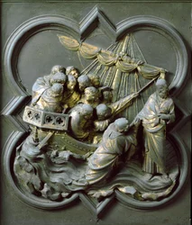 Norra porten (kallad korsporten, mot norr), yttre detalj: Kristus går på vattnet. Bronsskulptur gjord av Lorenzo Ghiberti (1378-1455)